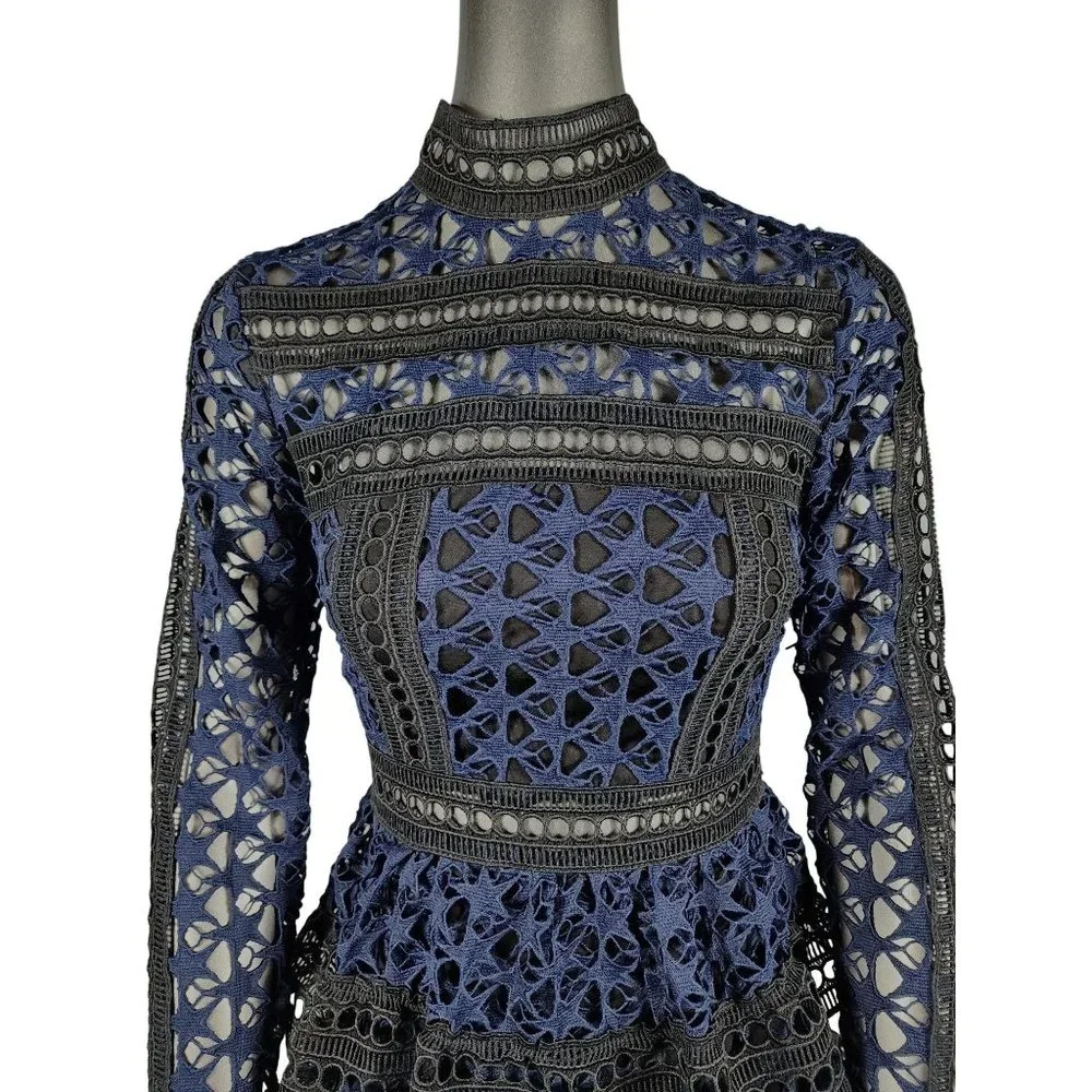 Self Portrait Blue Dress Black Lace Tiered Ruffle Mini Peplum 2